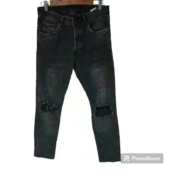 P5044 &denim distressed knees skinny ankle black charcoal  jeans - Picture 1 of 8